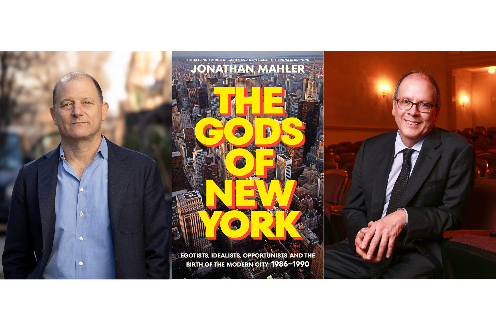 Two men with the book cover of The Gods of New York in large bold font